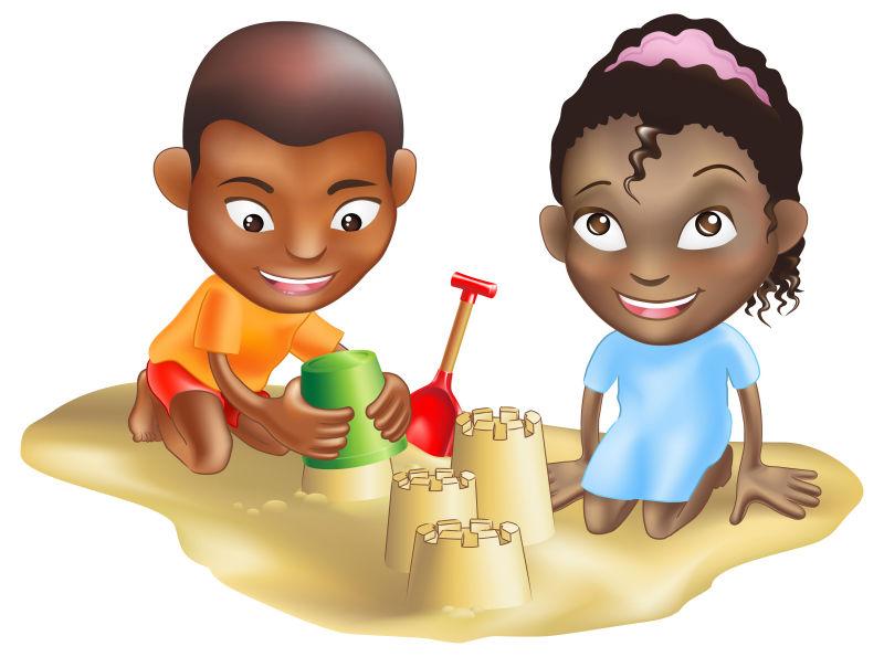 矢量卡通两个孩子在海滩上玩耍