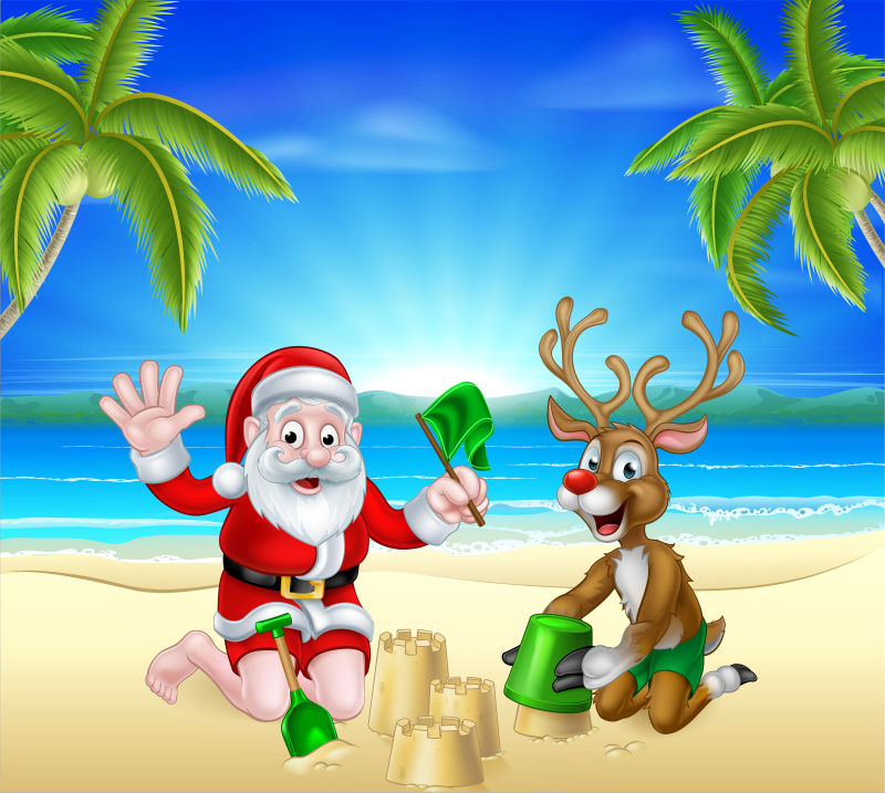 矢量在海滩上嬉戏圣诞老人和驯鹿