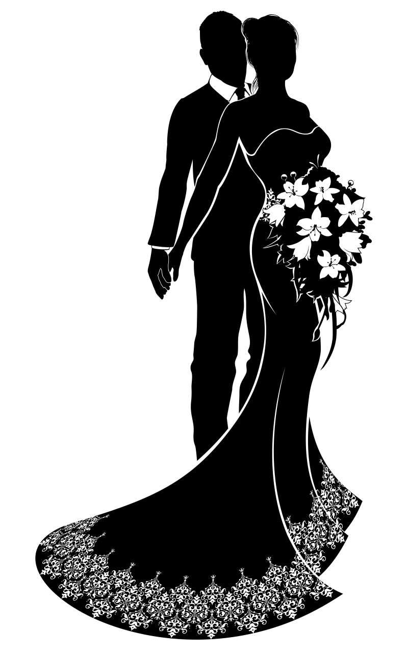 白色背景下的矢量新娘新郎新娘剪影婚礼插图