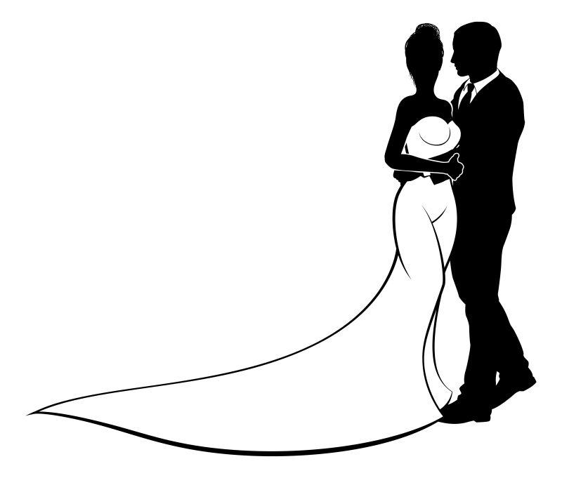 白色背景下穿黑色西装和白色婚纱的新娘新郎矢量图
