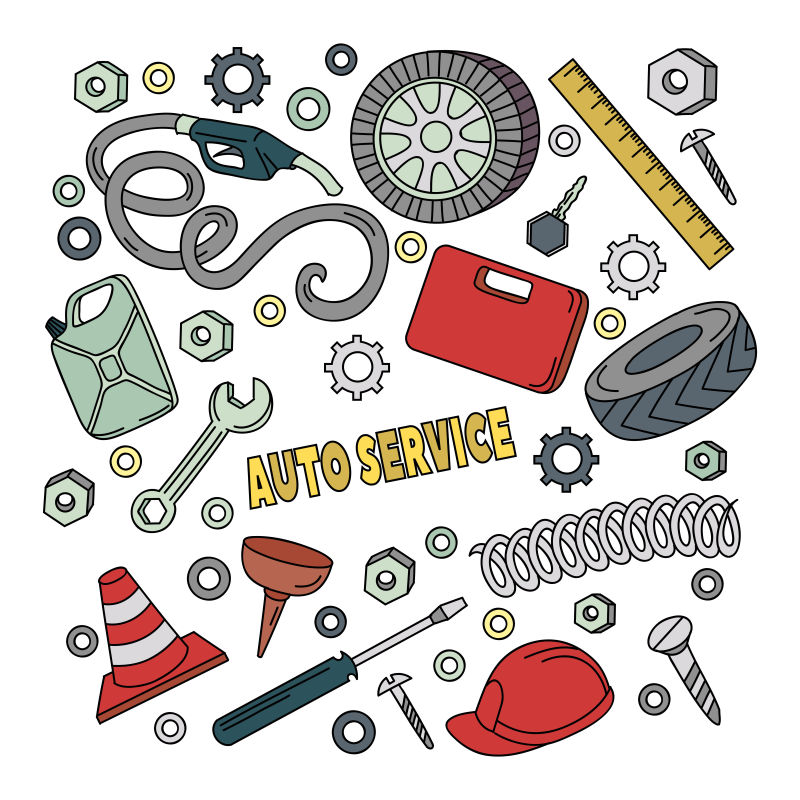 彩色汽车零件涂鸦矢量图