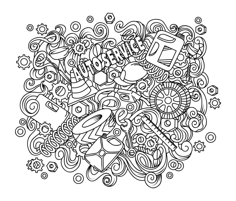 白色背景上的汽车零件手绘涂鸦矢量图