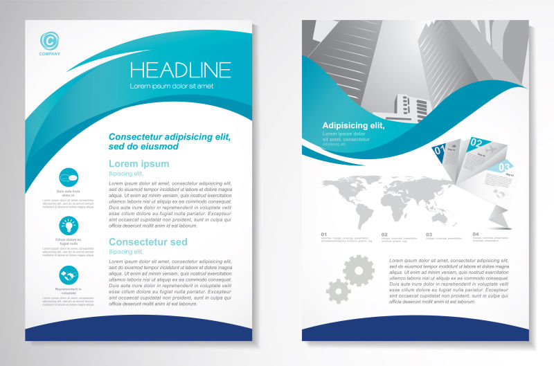 抽象蓝色波纹图案的宣传册矢量设计