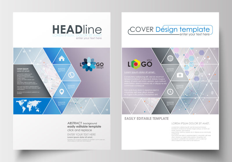 灰色背景上的蓝色和紫色三角形矢量宣传册封面设计