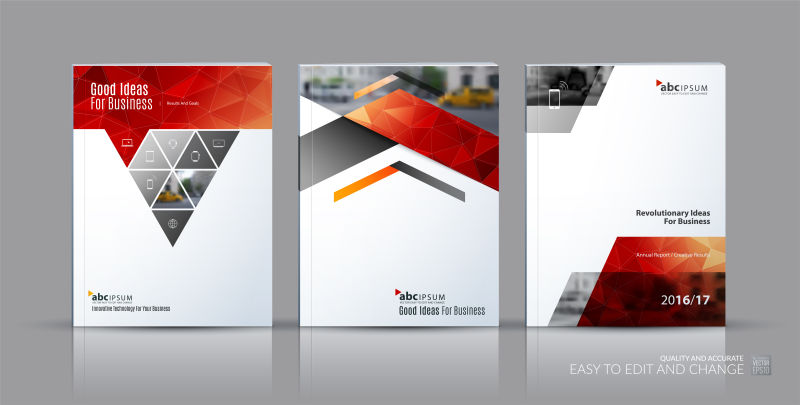灰色背景上的红色和白色的三角形矢量宣传册封面设计