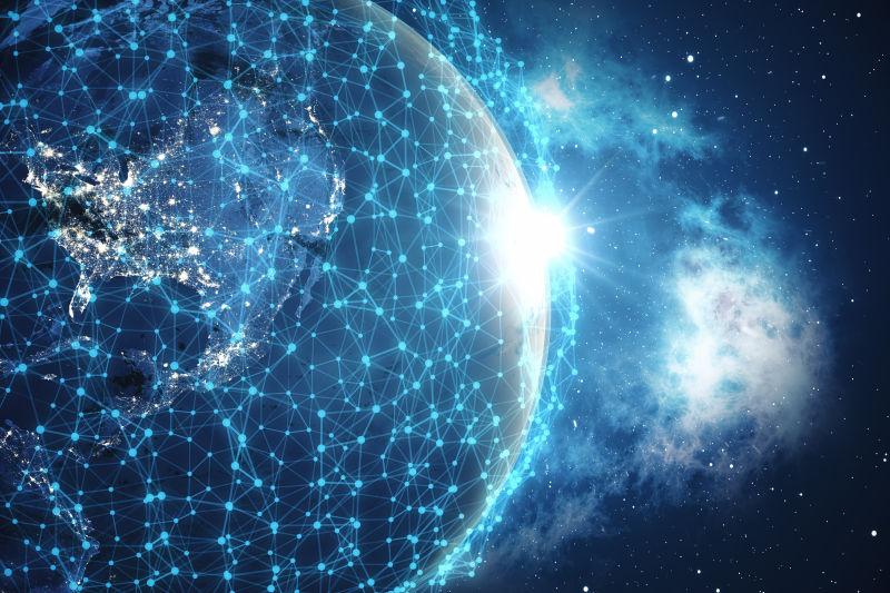 地球地球周围有点的连接线网络概念