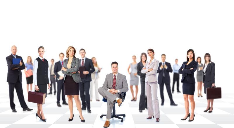 白色背景上成功的男商人和员工群体