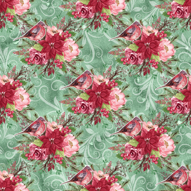 水彩小鸟和花卉图案设计