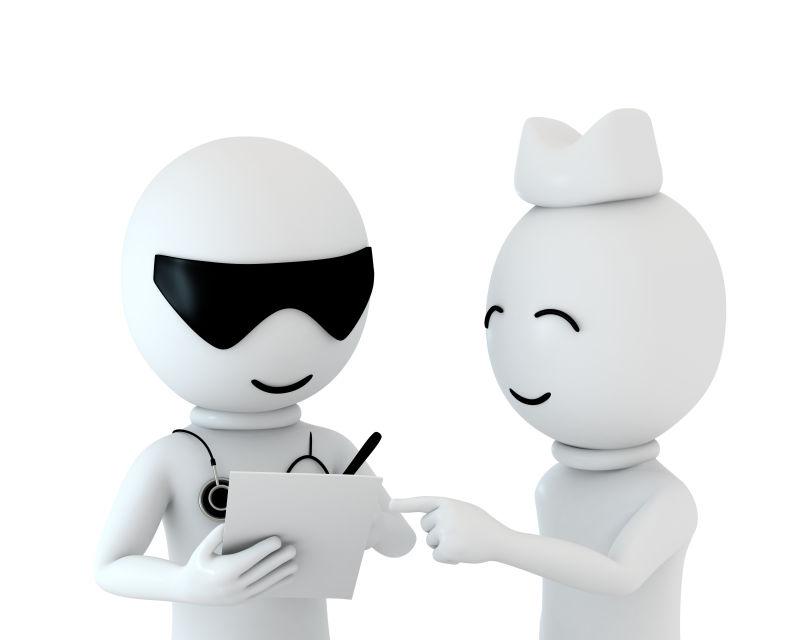 白色背景上的3D医生和护士