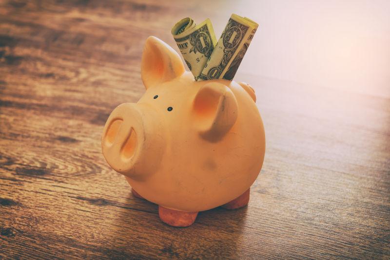 美元纸币放入小猪存钱罐