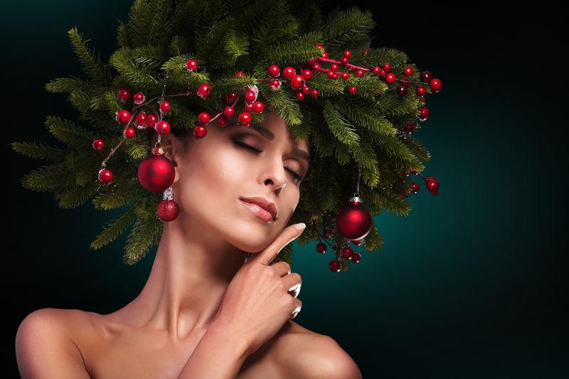 圣诞彩妆的美女模特
