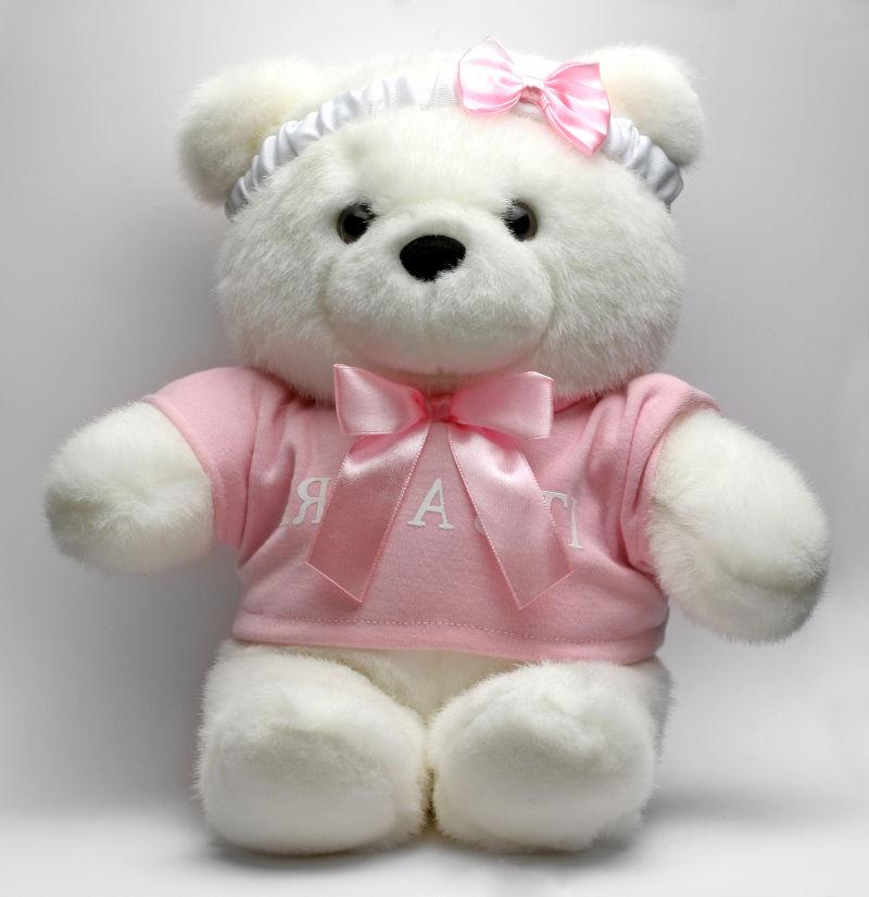 白色背景上穿着粉色衣服的白色泰迪熊毛绒玩具