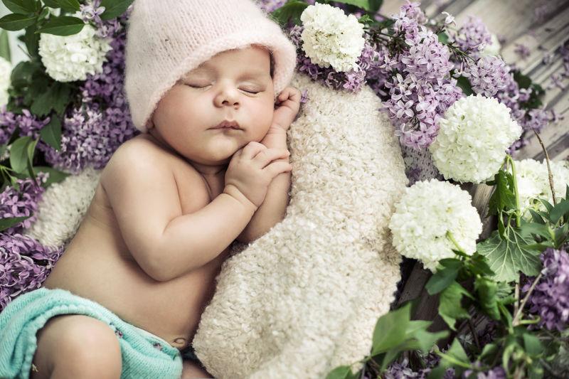 睡在鲜花中的婴儿
