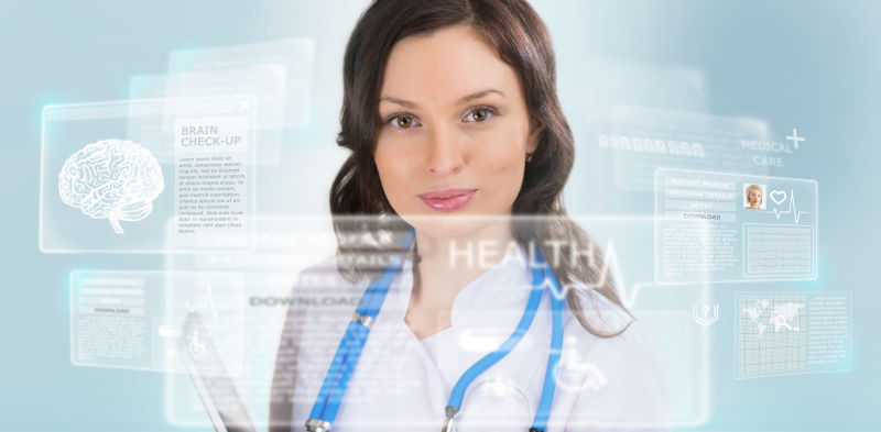 冷静的医生触摸医院的医疗的界面