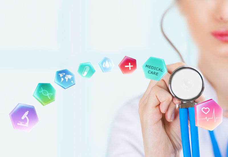 医学博士手持听诊器与现代医学的图标