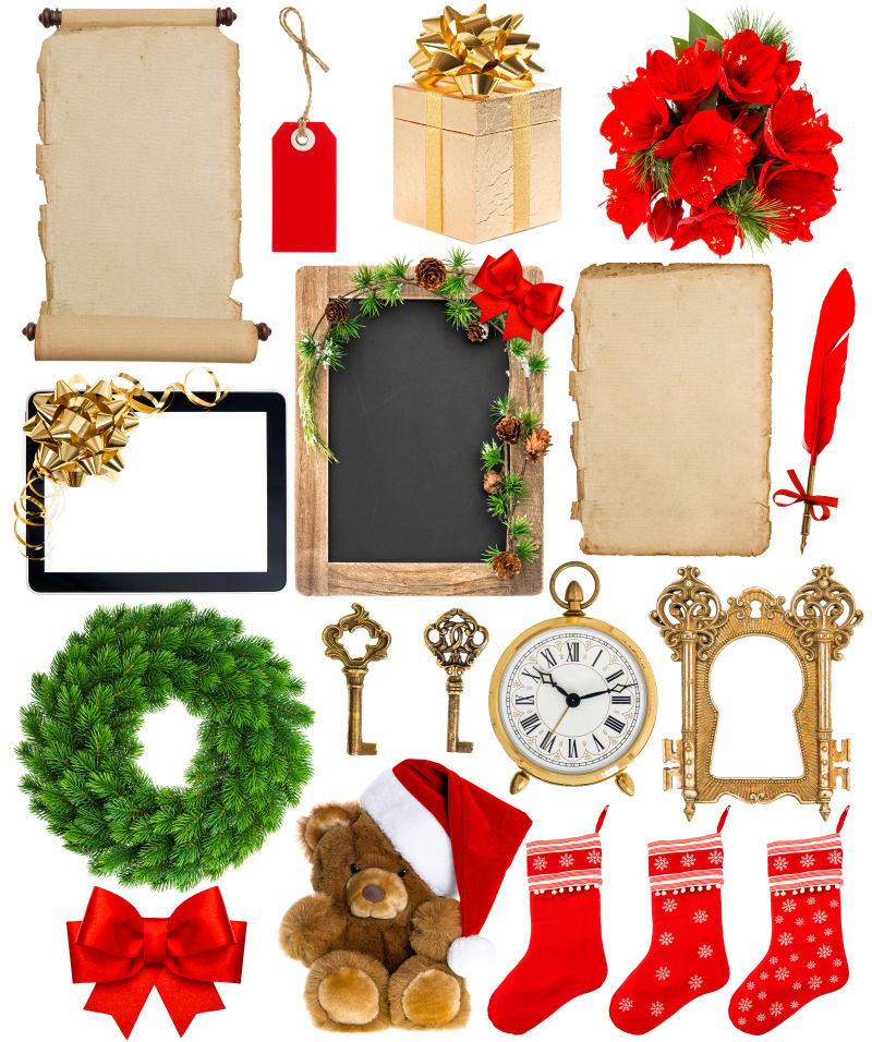 白色背景下圣诞节装饰品和礼品