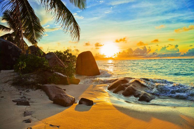 日落热带海滩-自然背景