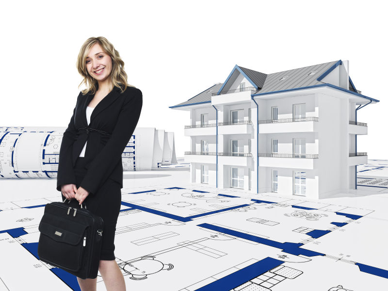 3D房屋设计蓝图背景上的职业女性