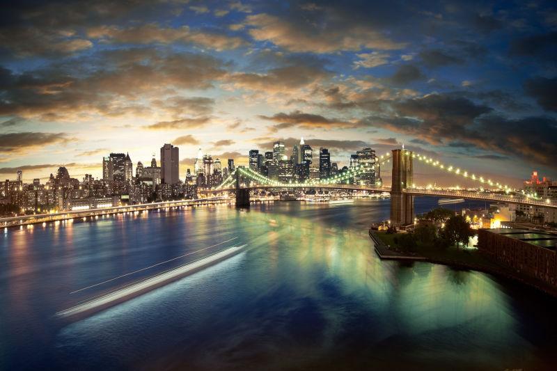 惊人的纽约城市景观日落后拍摄
