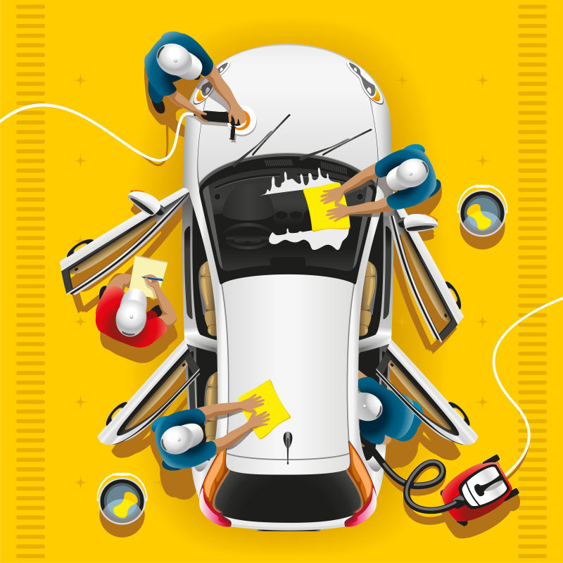 黄色背景下的卡通汽车清洗矢量图