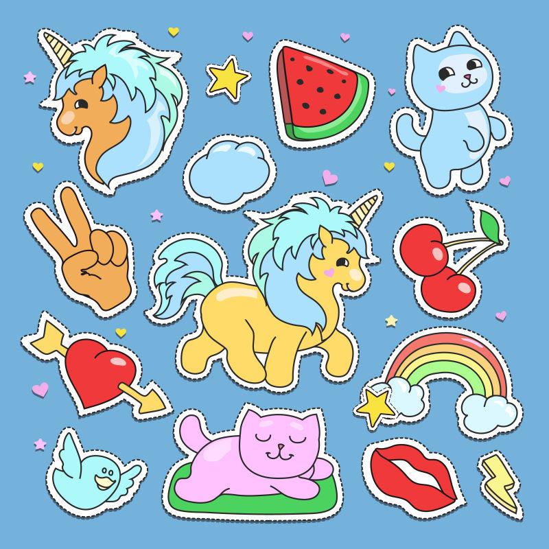 蓝背景中矢量时尚可爱贴片