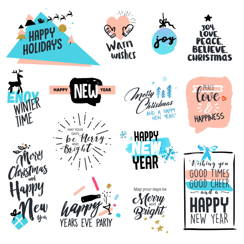 手绘圣诞和新年旧式徽章矢量时尚贴纸