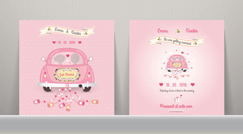 粉色车型图像贺卡矢量