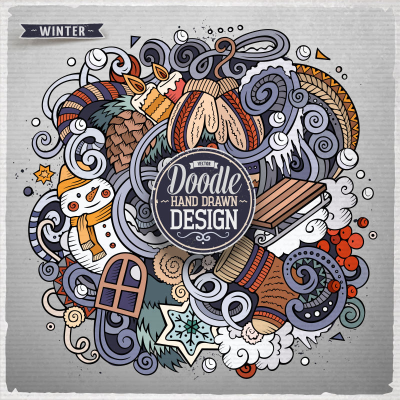 矢量灰色背景下的彩色手绘涂鸦