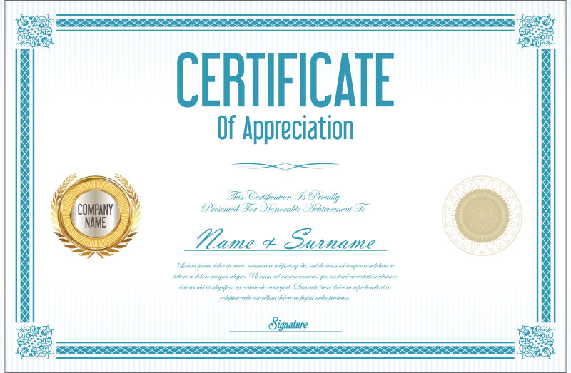 蓝色证书样板设计矢量图