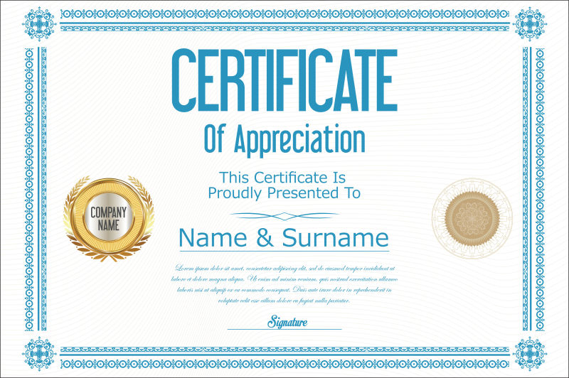 蓝色烫金证书样板设计矢量图