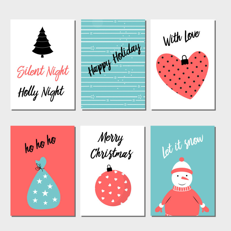 矢量白色和蓝红色的圣诞贺卡集