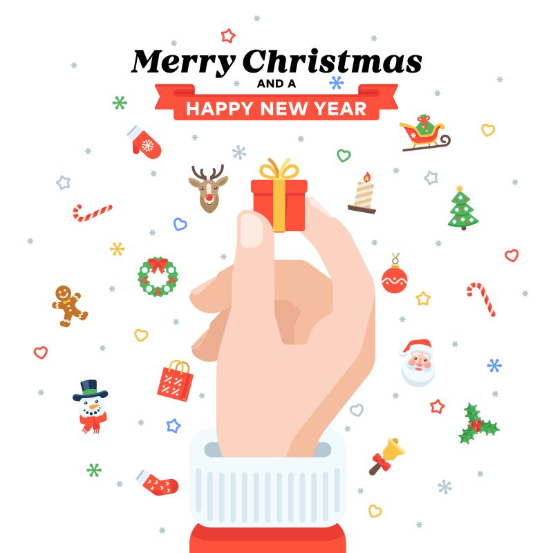 矢量卡通手拿礼品盒的圣诞贺卡背景