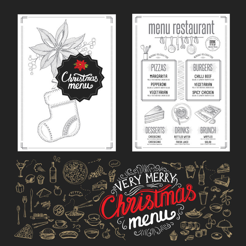 圣诞主题餐厅菜单矢量插图