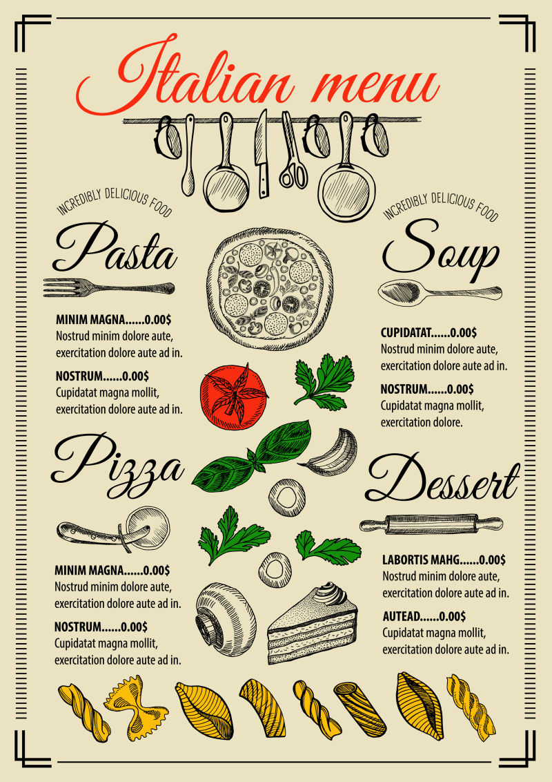 矢量的意大利餐厅菜单