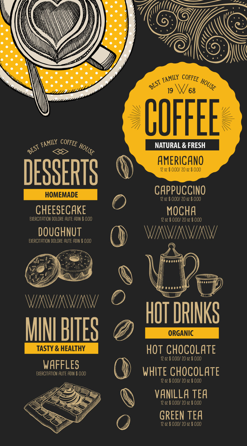 咖啡餐厅的创意菜单矢量设计
