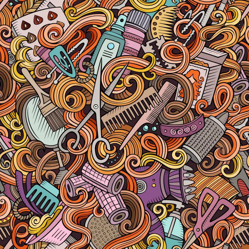 卡通可爱涂鸦美容美发无缝模式矢量图