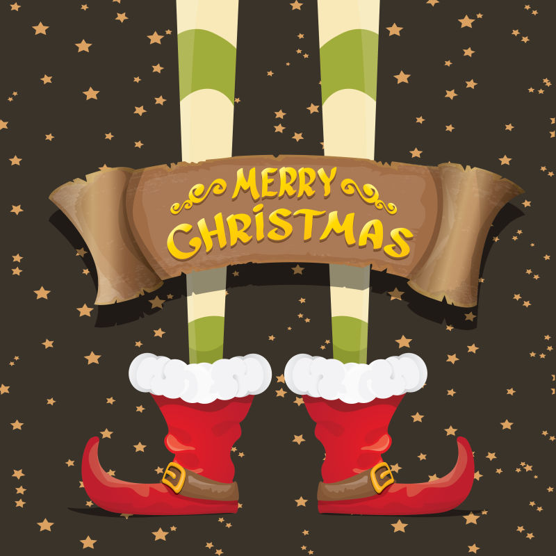 红色鞋子的卡通圣诞精灵矢量贺卡