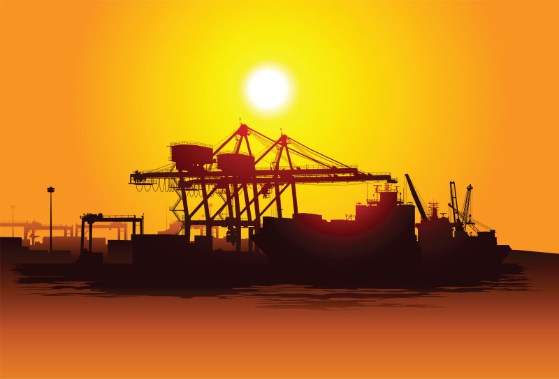 日落下的港口剪影矢量