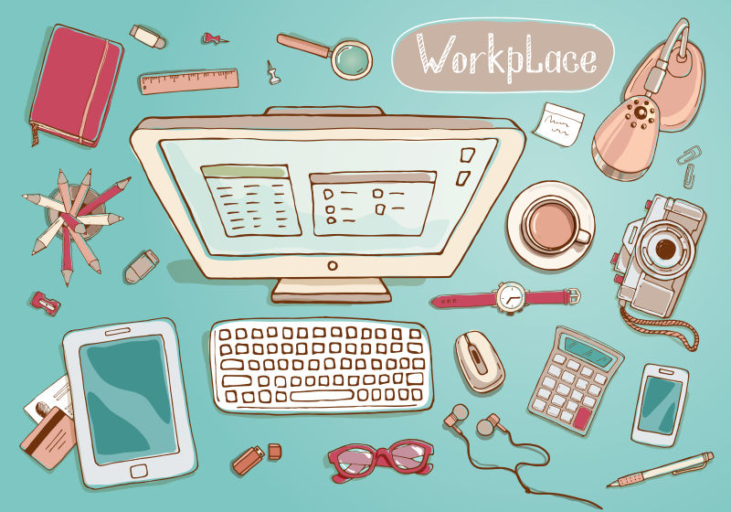 彩色创意手绘办公用品矢量