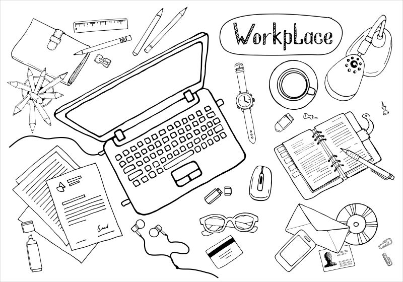 黑白创意手绘办公区域矢量