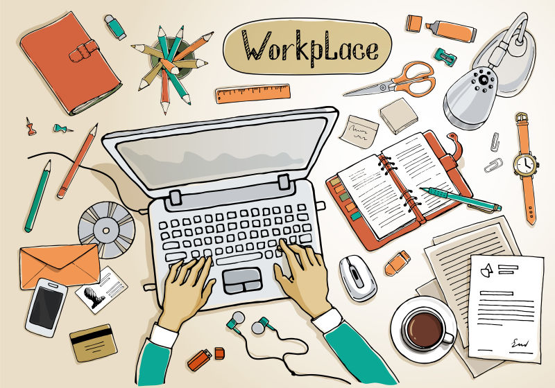 彩色简约手绘办公区域矢量