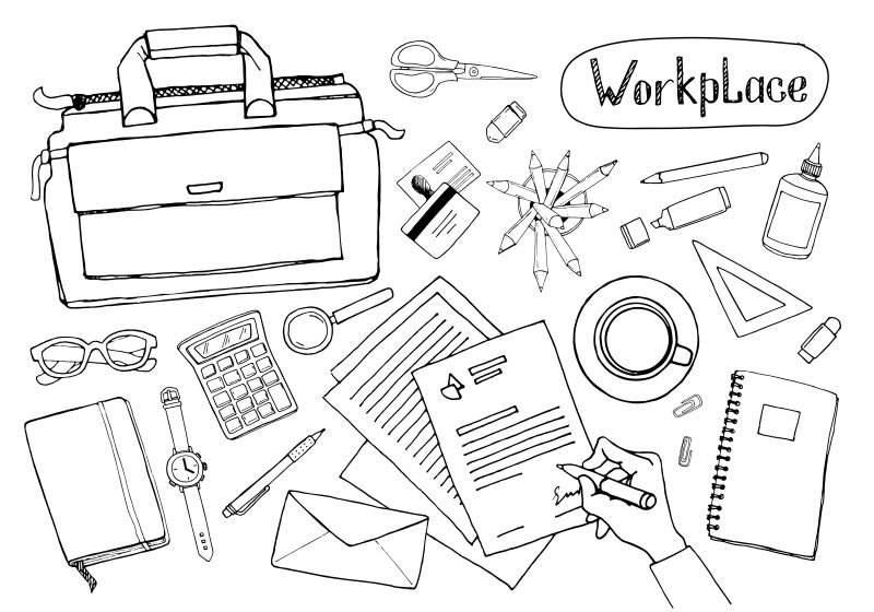 黑白办公区域矢量手绘