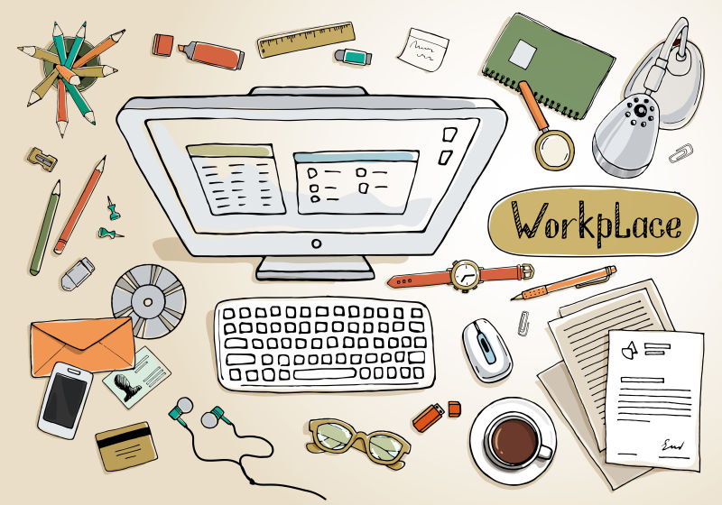 彩色手绘办公区域矢量