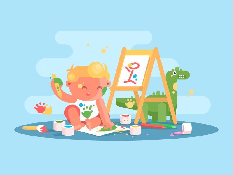 画画的婴儿矢量设计