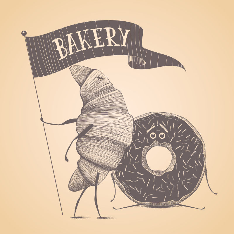 淡黄色的甜甜圈和牛角包矢量标志设计