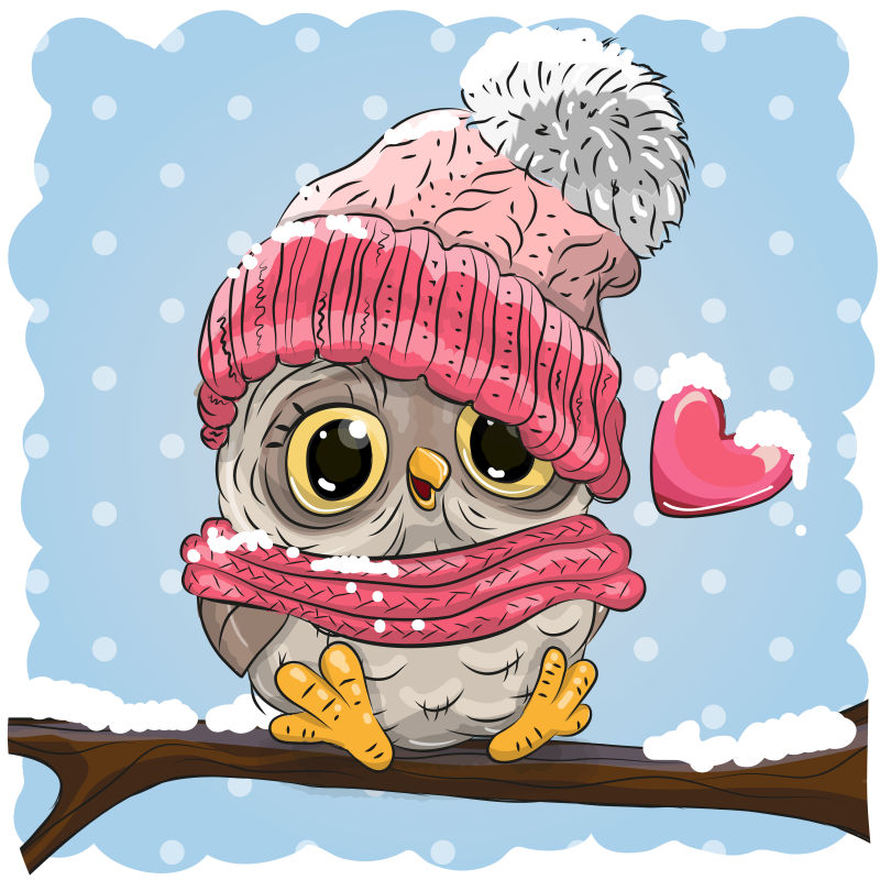 树枝上带着帽子的卡通猫头鹰矢量插图