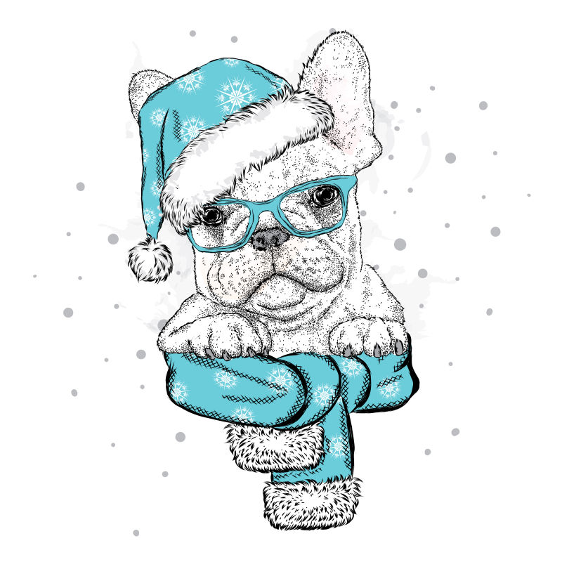 矢量卡通法国斗牛犬戴着圣诞帽和太阳镜