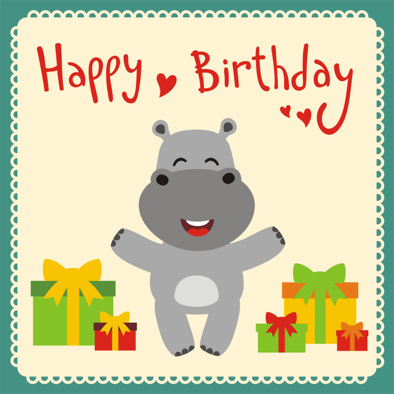 有趣的小河马生日快乐贺卡矢量