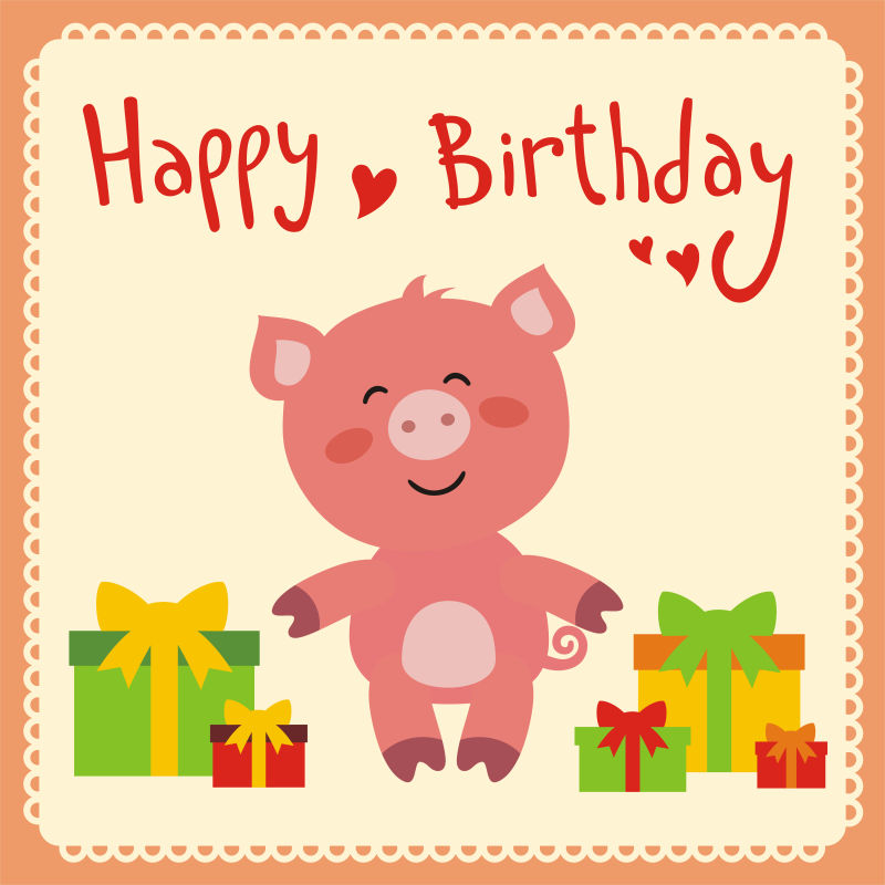 矢量小猪生日快乐图案图片 可爱的小猪生日礼物手写文字贺卡矢量素材