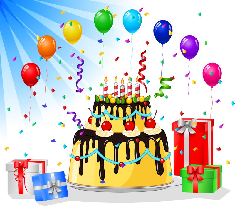 矢量的生日蛋糕与气球和礼物